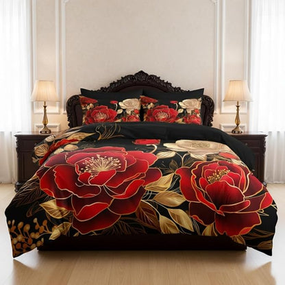 Black and Red Comforter Set Girls King Size Vintage Floral Bedding 3 Pcs Luxury Botanical Flower Quilted Comforter for Elegant Women Bedroom Decor,Red Gold/104"x90"
