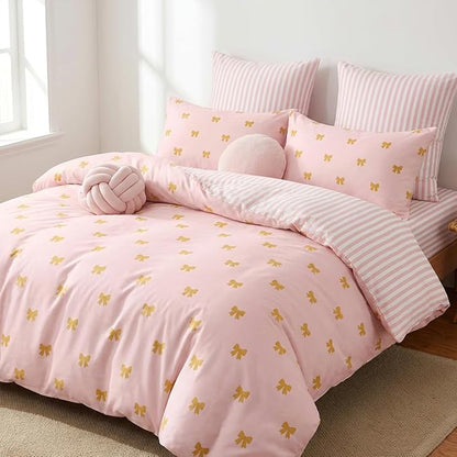 Pink Comforter Set Queen Gold Bow Bedding Set for Girls Kids, Reversible Pink White Wide Striped Pattern, Coquette Comforter 3 Pieces, with 2 Pillowcases, Soft 100% Microfiber