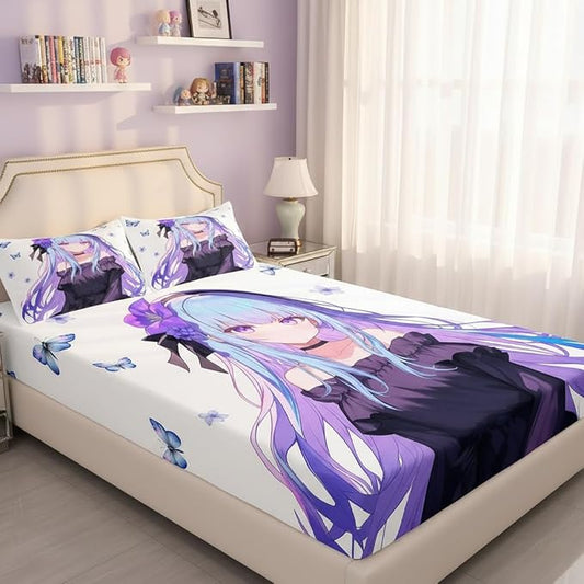 Erosebridal 3D Japanese Anime Girl Bedding Set - Kawaii Decorations Fitted Sheet, Cute Preppy Sheets Queen, 1 Fitted Sheet 2 Pillowcases (No Flat Sheet)