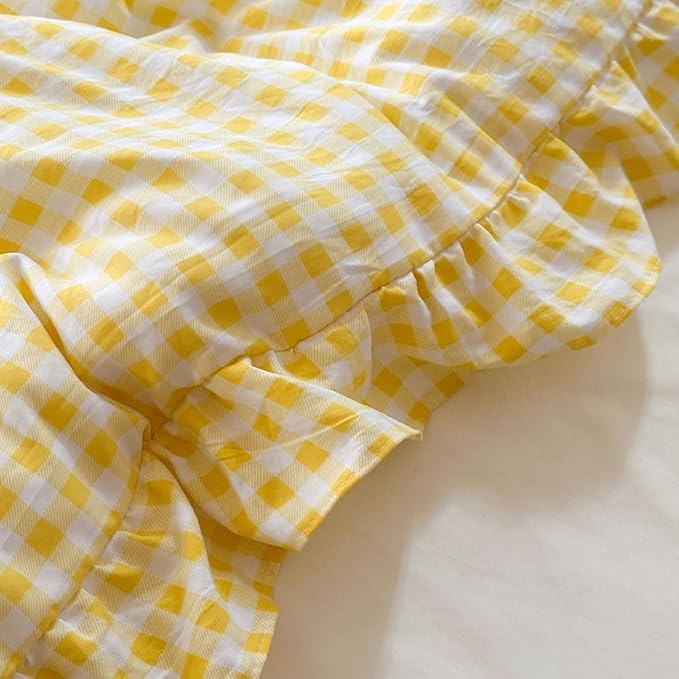NSNLGSGC Yellow Ruffle Gingham Comforter Set Twin, Pre-Washed Ruffled Plaid Checked Comforter Bedding, 2 Pieces Vintage Farmhouse Grid Bedding Set(Yellow Gingham, Twin)