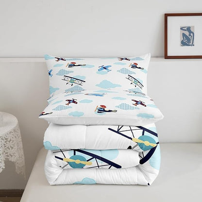 Castle Fairy Kids Aircraft Comforter King Size,Boys Teens Airplanes Comforter Set Bedding Set for Kids Adults,Blue White Clouds Chic Gingham Duvet Set Ultra Soft Room Decor 3Pcs Quilt Set