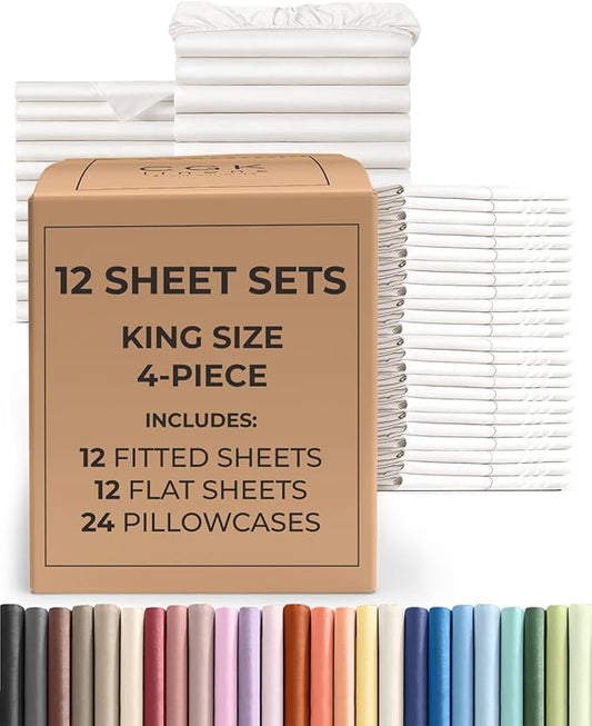 Bulk Case Pack of 12 Sheet Sets - (12) Complete King Size Sheet Sets with Deep Pockets - Wholesale Bulk Bedding for Hotels, Spas & Airbnbs - Breathable, Cooling & Wrinkle Free - (King, Antique White)