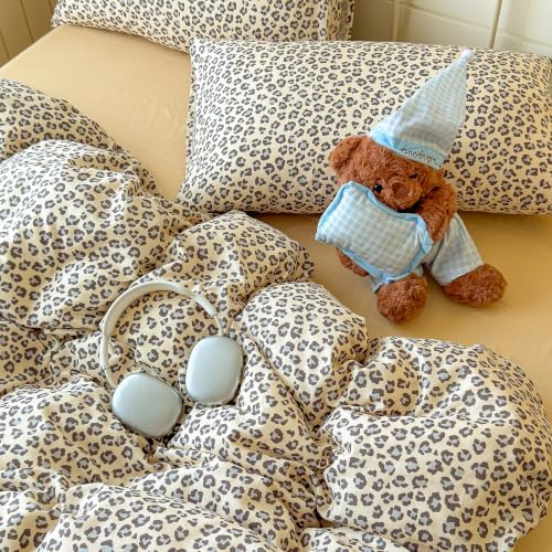 mixinni Muted Retro Leopard Print Duvet Cover Set Queen Size, 3PCS Cute Sexy Cheetah Bedding, 100% Cotton Double Gauze Soft Aesthetic Cream Vintage Bedding Set with 2 Pillowcases for Girls Women