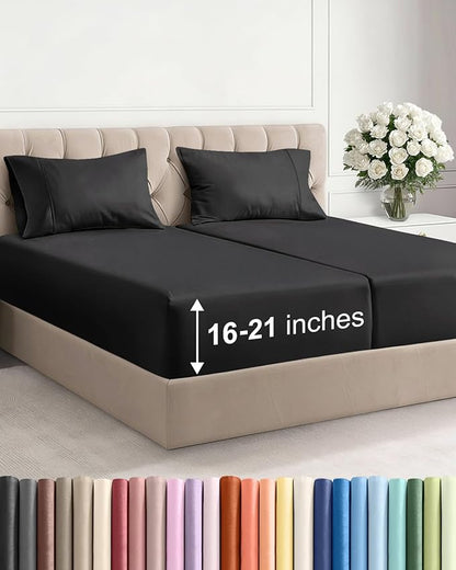 Extra Deep Pocket Split King Size Sheet Set - 5 Piece Breathable & Cooling Bed Sheets - Hotel Luxury Bedding with 16 to 21 inch Extra Deep Pockets - Soft, Fade & Wrinkle Resistant - Oeko-Tex - Black