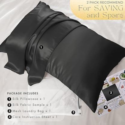 PROMEED Upgraded Grade 6A+ Black Silk Pillowcase with Zipper, 23 Momme Natural Mulberry Silk Pillow Cases for Hair and Skin - Easy Care with Free Laundry Bag (Standard 20"x26", Black)