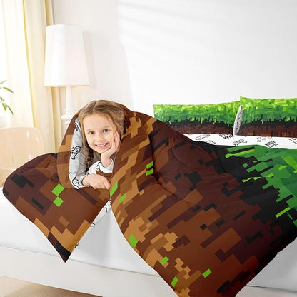 Pixelated Kids Bedding Set King Size,Patchwork Grid Video Games Comforter Set,Miners Lattice Simple Quilt Comforter,Brown Green Bedroom Duvet Insert,2 Pillowcases