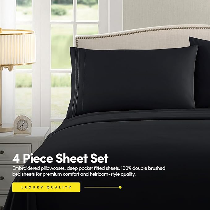 1500 Supreme Collection California King Sheet Sets Black - Luxury Hotel Bed Sheets and Pillowcase Set for California King Mattress - Extra Soft, Elastic Corner Straps, Deep Pocket Sheets Black