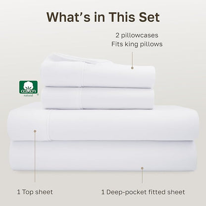 California Design Den King Size Sheets Set - Soft 400 Thread Count Sateen, Natural 100% Cotton Sheets King Size, Deep Pockets with All Around Elastic for a Snug Fit, Durable Bedding - White