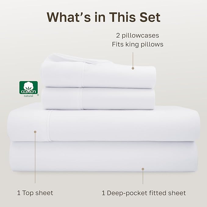 California Design Den California King Sheet Sets - Soft 400 Thread Count, Natural 100% Cotton Sateen Sheets, Deep Pockets with All Around Elastic for a Snug Fit, Durable Bedding - White