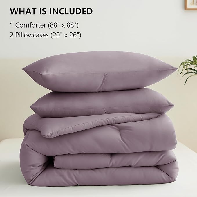 CozyLux Queen Comforter Set Dusty Purple, 3 Pieces Solid Comforters Queen Size Breathable Bedding Sets, Grayish Purple Luxury Soft Lightweight Bed Set with Down Alternative Comforter and 2 Pillowcases