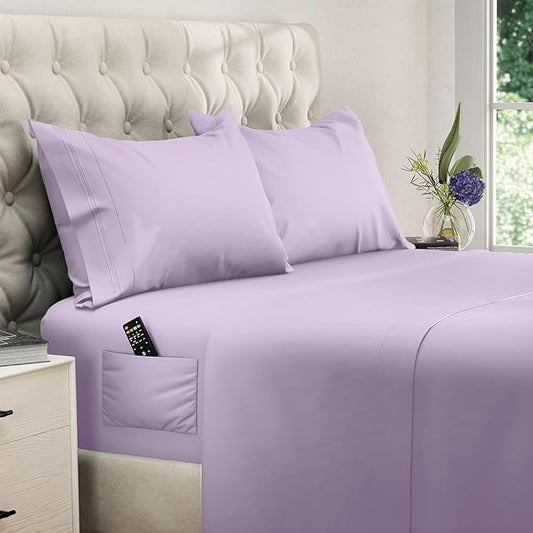 DREAMCARE King Size Sheets Set - Cooling Bed Sheets - 4pcs Set - up to 15" Deep Pocket King Sheet Set – Soft & Long Lasting Cooling - 100% Fine Brushed Microfiber with Side Pocket - Lavender