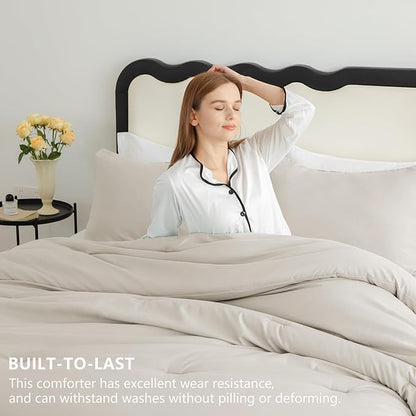 CozyLux Full Size Comforter Set Beige, 3 Pieces Solid Breathable Quilted Bedding Sets, Luxury Lightweight Soft Bed Set with Down Alternative Comforter and 2 Pillowcases for All Seasons