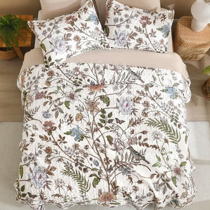 Litanika Floral White Quilt King - 3Pcs Botanical Birds Bedding Set