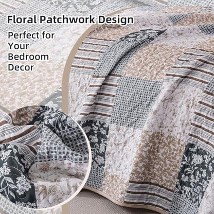 Mybedsoul Blue Brown Quilts Queen Size, Patchwork Floral Bedding Set