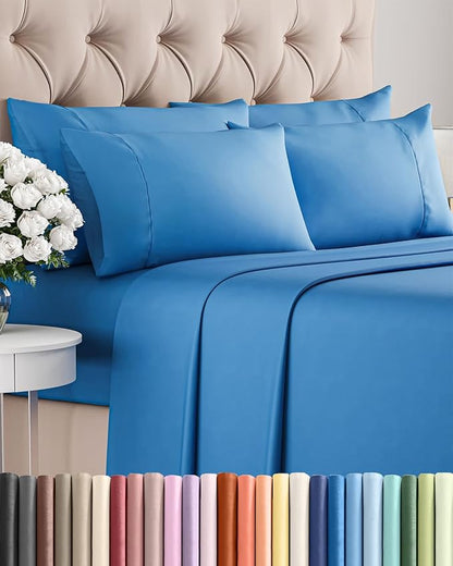 Full 6 Piece Sheet Set - Comfy Breathable & Cooling - Ultra-Soft Hotel Luxury Bedding Set with 8-16 Inch Deep Pockets - 1 Flat & 1 Fitted Sheet & 4 Pillowcases - Wrinkle Free & Easy Care - Royal Blue