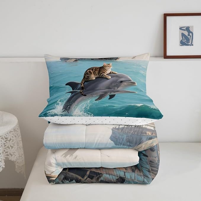 Erosebridal Kawaii Cat Comforter Set Full Size Dolphin Quilt Insert for Kids Girls Boys Cute Kitten Sea Waves Natural Ocean Blue Yellow Comforter Warm Soft Bedding Set
