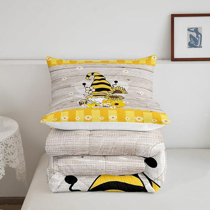 Erosebridal Bee Gnome Comforter Set Twin, Sunflower Daisy Floral Bedding Set for Kids Boys Girls, Honeycomb Honey Can Duvet Set Home Room Decor, Yellow Farm Cartoon Soft Down Comforter 2 Pcs