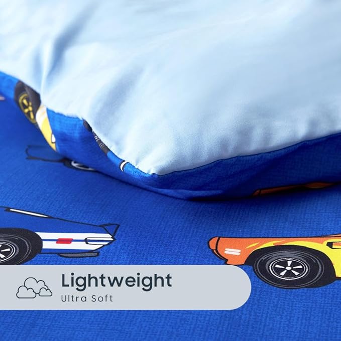 Wake In Cloud - Race Car Bedding Set for Boys, Cute Colorful Sports Car Supercar Wheels Comforter Set with Sheets, 5 Pieces Kids Bed in a Bag, Blue, Twin Size