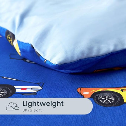 Wake In Cloud - Race Car Bedding Set for Boys, Cute Colorful Sports Car Supercar Wheels Comforter Set with Sheets, 5 Pieces Kids Bed in a Bag, Blue, Twin Size
