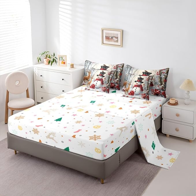 Castle Fairy Winter Snowman Comforter Set Full Size 7 Pcs,Merry Christmas Theme Bedding Set for Girls Teens Bedroom Decor,Wild Breds Trees Deer Bed in a Bag with Comforter,Sheets and Pillow Cases