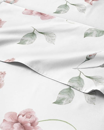 Floral Sheets - Floral Rose Bed Sheet Set - 1 Flat, 1 Fitted & 1 Pillowcase w/ Deep Pockets - Comfy, Wrinkle & Fade Free - Boho Botanical Bedding - Ultra-Soft, Breathable and Cooling - Twin Size Set