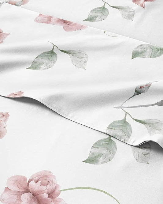Floral Sheets - Floral Rose Bed Sheet Set - 1 Flat, 1 Fitted & 1 Pillowcase w/ Deep Pockets - Comfy, Wrinkle & Fade Free - Boho Botanical Bedding - Ultra-Soft, Breathable and Cooling - Twin Size Set