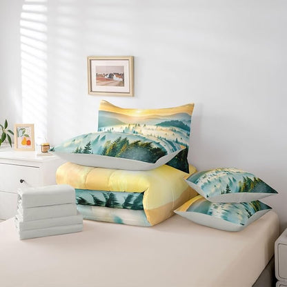 Erosebridal Smoky Mountain Twin Comforter Set with Sheets 7 Piece Gold Sun Sunrise Bed in A Bag Woodland Pine Tree Bedding Sets for Kids Adults,Natrue Bed Set