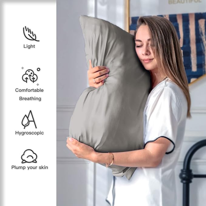Natural Mulberry Silk Pillowcase for Hair and Skin Queen Size 20"X30" Pillow Case with Hidden Zipper Soft Breathable Smooth Cooling Silk Pillow Covers for Sleeping (Gray,Queen,1Pcs)