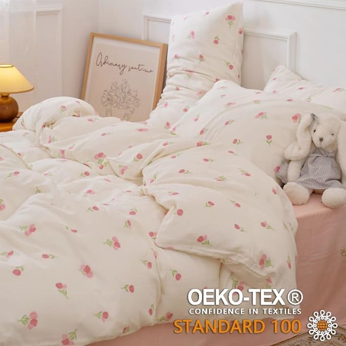 Floral Comforter Set Full Size - 3 Pieces Pink White Floral Comforter Bedding Sets Tulips Pattern,Full Bed in a Bag with Heart Comforter and 2 Pillowcases