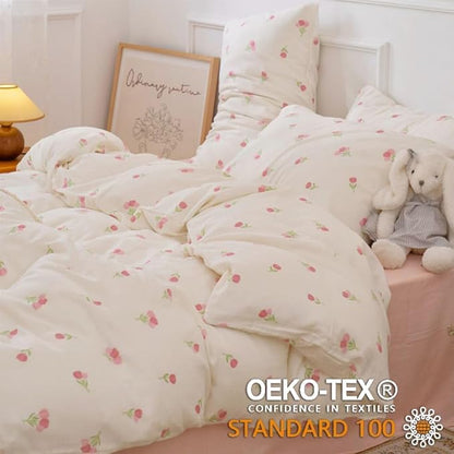 Floral Comforter Set Full Size - 3 Pieces Pink White Floral Comforter Bedding Sets Tulips Pattern,Full Bed in a Bag with Heart Comforter and 2 Pillowcases