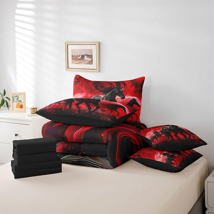 Erosebridal Horse Bed in a Bag Queen Comforter Set 7 Piece,Red Rose Flowers Bedding Sets Western Animals Sheet Set with Comforter