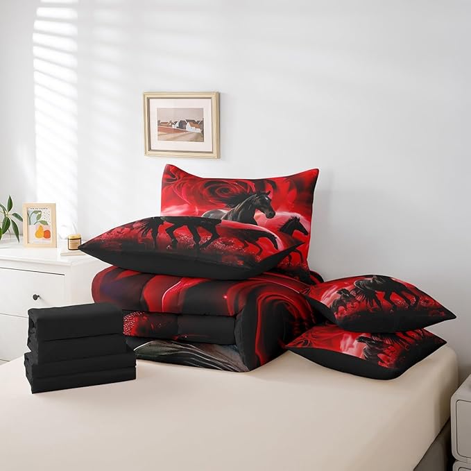 Erosebridal Horse 7 Piece Comforter Set Full Bed in a Bag,Red Rose Flowers Bedding Sets Western Animals Sheet Set with Comforter