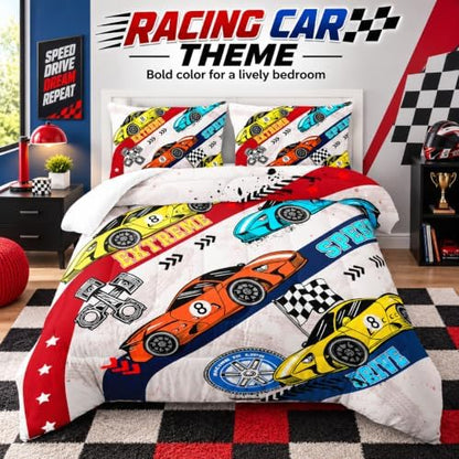 AILONEN Racing Car Comforter Set Full Size, Plaid Bedding Set for Kids Boys,Cool Speed Race Car Bed in a Bag 3 Pcs,1 Quilt and 2 Pillowcases,Soft Microfiber