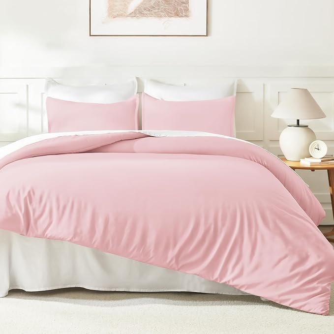 Litanika Pink Comforter Set Queen Size, 3 Pieces Lightweight Soft Fluffy Solid Bedding Set, All Season Bed Set (90x90In Comforter & 2 Pillowcases)