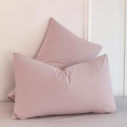 MooMee Bedding Pillowcases Pack of 2 100% Washed Cotton Linen Like Textured Breathable Durable Soft Comfy (Heathered Greyish Pink, Queen)