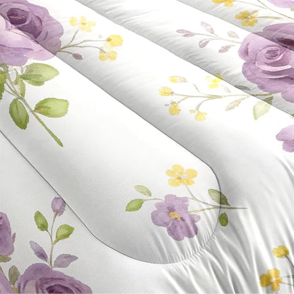 Women Girls Purple White Flowers Comforter Set Queen Size, 3Pcs Vintage Roses Bedding Sets for Girls Room Decor, 100% Washed Microfiber, Includes 1 Comforter 90"x90" and 2 Pillowcases