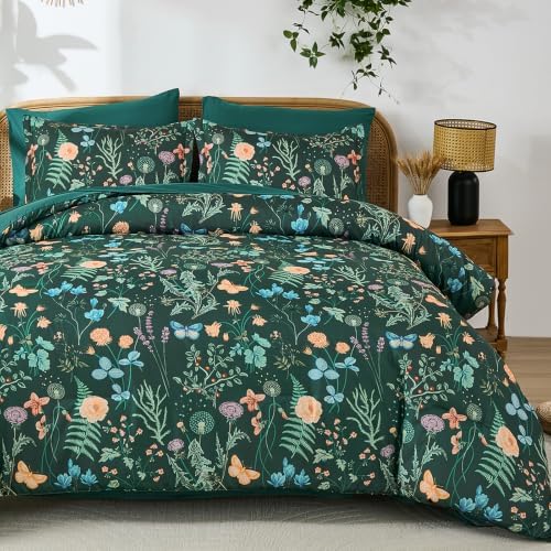 King Size Comforter Set 7 Piece, Forest Green Floral Bedding Set All Season