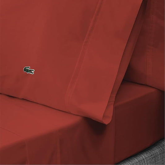 Lacoste 100% Cotton Percale 3-Piece Sheet Set – Cool, Crisp, Matte, and Durable, Oeko-Tex Certified – Solid, Chili Pepper, Twin