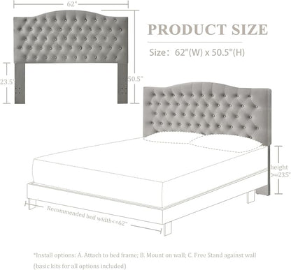 Furpopup Velvet Queen Headboard Only, Upholstered Wall Mount, Silver Gray | 2 ways to use:Wall-mounted (for adjustable bed) and bed frame mounted, Easy to assemble, Classic button design headboard