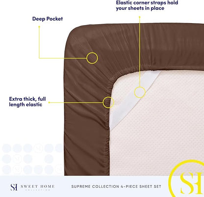 RV Queen Bed Sheets - Breathable Luxury Sheets with Full Elastic & Secure Corner Straps Built In - 1800 Supreme Collection Extra Soft Deep Pocket Bedding Set, Sheet Set, RV Short Queen, Brown