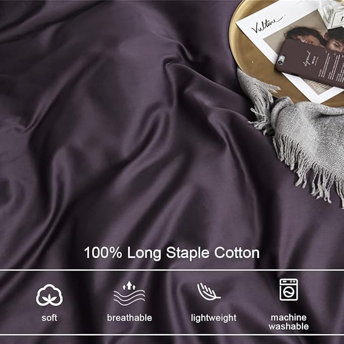 EAVD Solid Color Dark Purple Duvet Cover Queen Soft 100% Cotton Purple Bedding with 2 Button Pillowcases Luxury Modern Style Purple Comforter Set with Zipper Closure(NO Comforter)