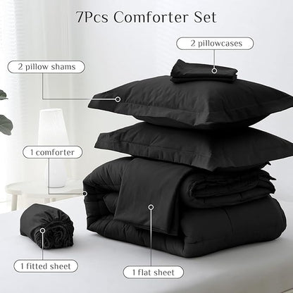 JOLLYVOGUE Full Comforter Set, Ultra-Soft Bed in a Bag Full Size 7 Pieces, Oeko-TEX Certified Bedding Set with Down Alternative Comforter, Sheets, Pillowcases & Shams, Black