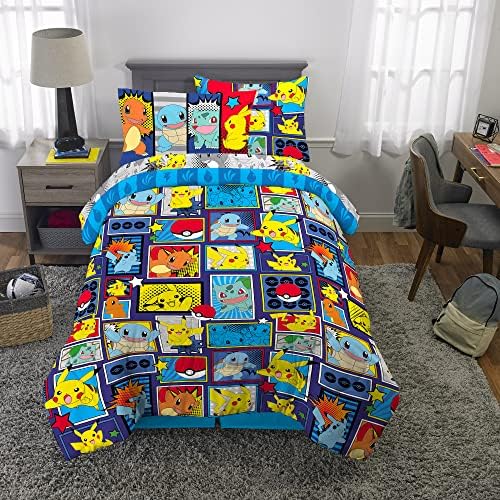 Franco Pokémon Pikachu Twin Size Bedding, Kids Bedding Super Soft Cozy Reversible Comforter and Sheet Set with Sham, 5 Piece Twin Size, (Officially Licensed Product)