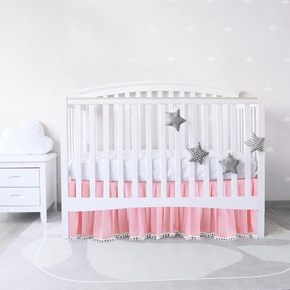 Pink Crib Skirt Pleated with White Lovely Pompoms, Bedding Dust Ruffle for Girls, 14" Drop, Fit All Standard Crib Bed, Fade Resistant Crib Bed Skirt Machine Wash