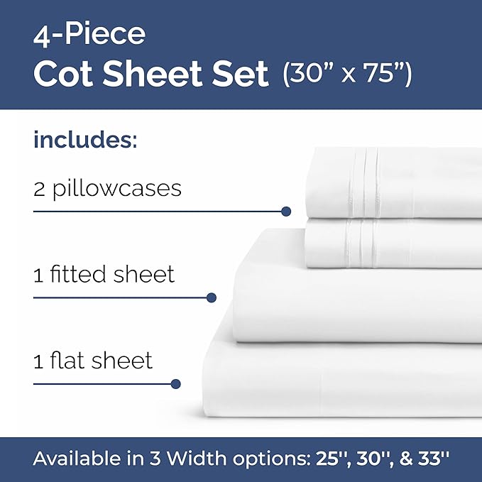 Cot Sheet Set 30” x 75” – Easy-Fit Cot Size Mattress Sheets – Ideal for Narrow Twin, Camper Bunk, RVs, Twin Bunks, Day Care and Camping Cots - Cot Size Fitted Sheet fits 6” to 10” Mattresses – White