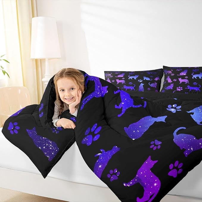 Erosebridal Cat Comforter Set Queen Lovers Bedding Cats Cartoon Silhouette Purple Blue Reversible Black Ombre Down Neon Pets Animal Paw Print Galaxy Slitter Stars Quilt For Kids Boys Girls,Multi 361
