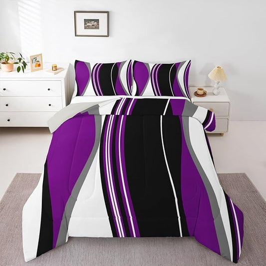 Erosebridal Purple Black Abstract King Bedding Set Grey Modern Striped Comforter Set for Adult Women Men Geometric Stripes Lines Bed Collections Contemporary Art Boho Duvet Quilt Sets for Minimalist