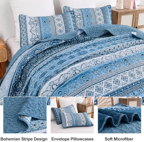WONGS BEDDING Blue Quilt Queen Size,3 Pieces Bohemian Bedspread
