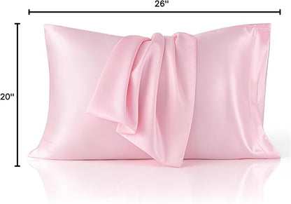 Bedsure Satin Pillowcase 2 Pack Similar to Silk Pillow Cases Standard Size, Pink Pillow Case Covers with Envelope Closure, Home Decor Valentine Gifts for Women Girls,20x26 Inches, 2pcs