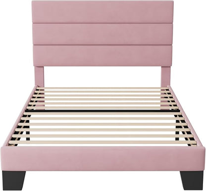 Allewie Twin Size Platform Bed Frame with Velvet Upholstered Headboard Pink | Wooden Slats Support, Fully Upholstered Mattress Foundation, No Box Spring Needed, Easy Assembly, Noise-Free, Pink